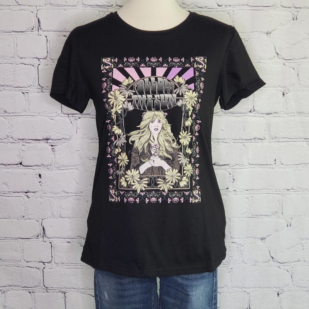 NWT FOLLOW THE SUN Boho Short Sleeve Tee in Black - Picture 7 of 8